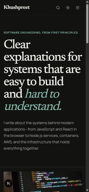 Developer blog home page on a mobile viewport