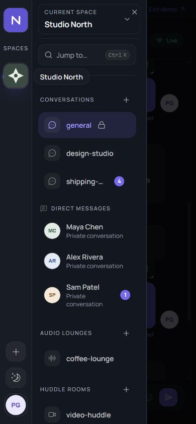 Nexus mobile navigation showing rooms and direct messages in dark mode