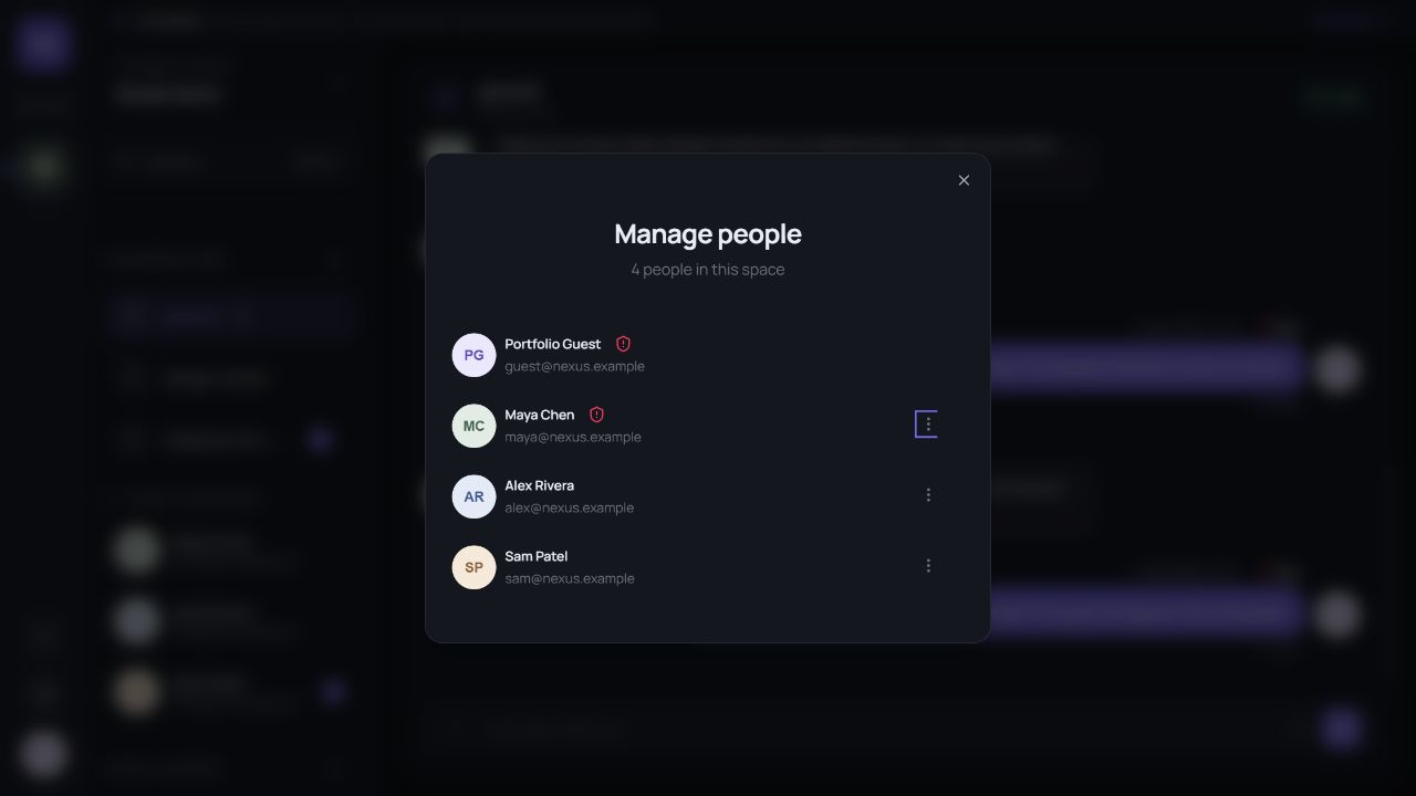 Nexus people directory in dark mode with fictional demo members