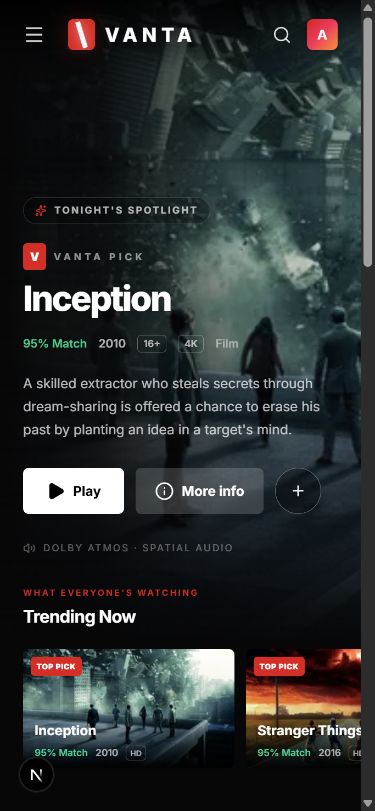 Vanta cinematic discovery home on a mobile viewport