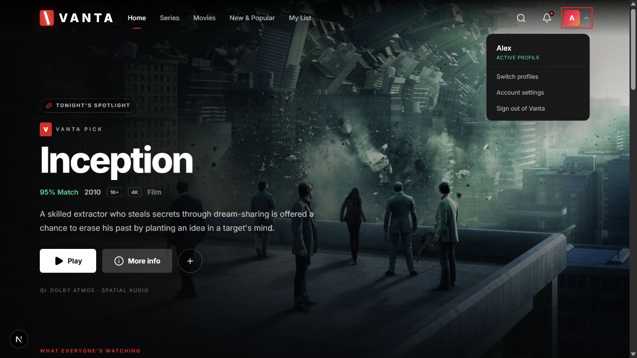 Vanta profile controls over the cinematic home screen